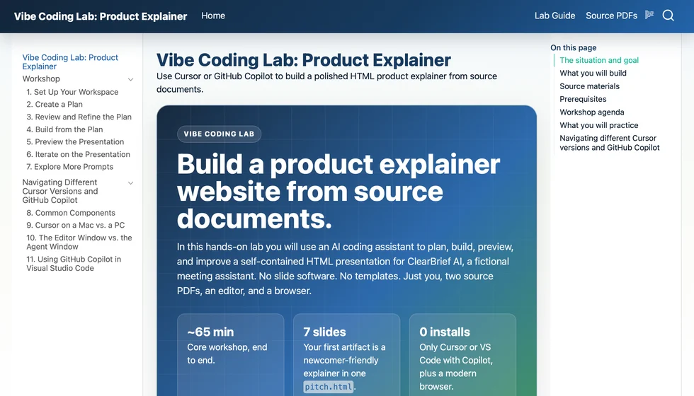 Vibe Coding Lab homepage screenshot for a product explainer workshop.